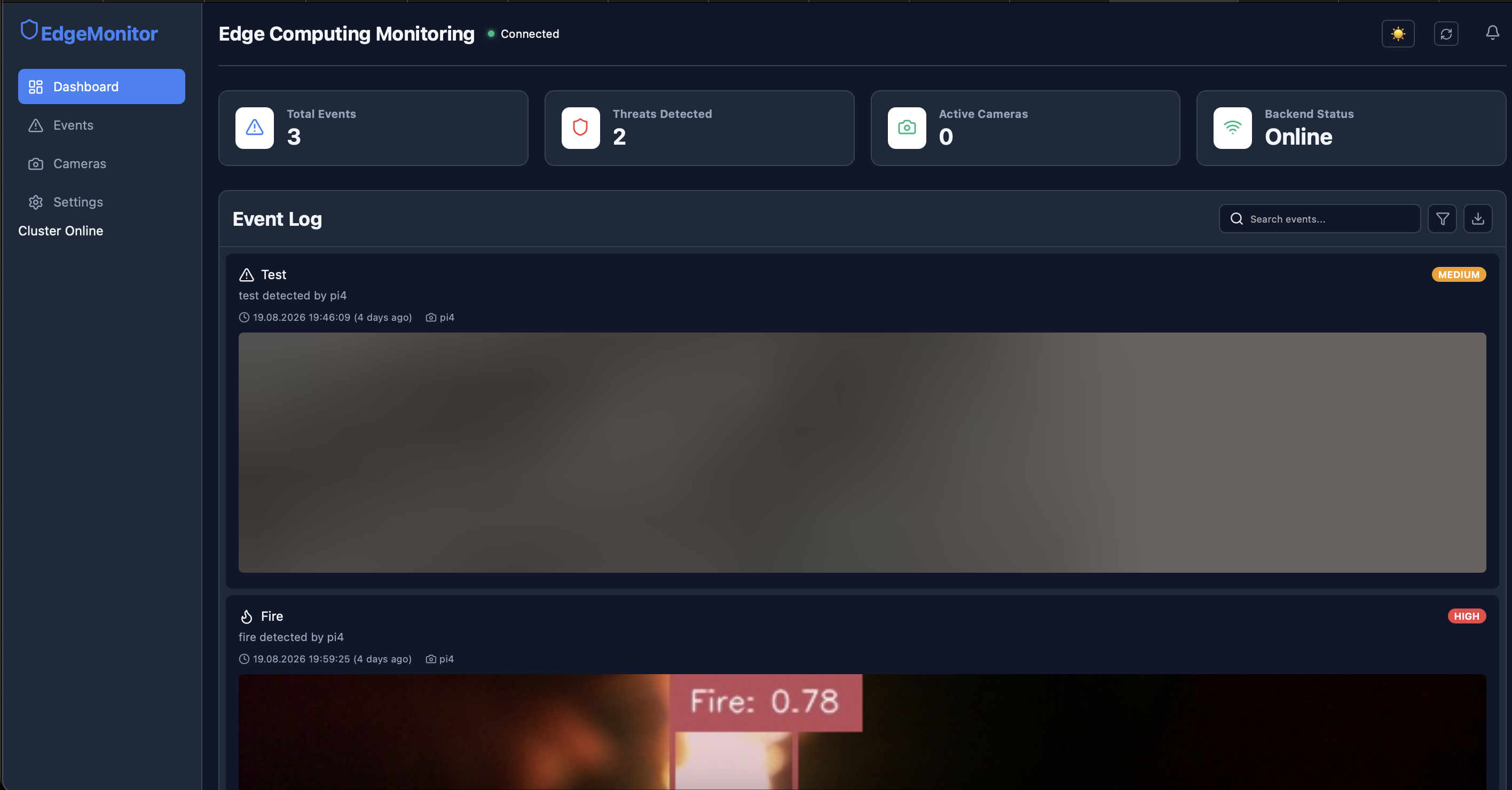 Screenshot: Dashboard main page with stats, event log.png